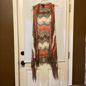 Bohemian Crochet Fringe Vest - Brown, Orange, and Cream